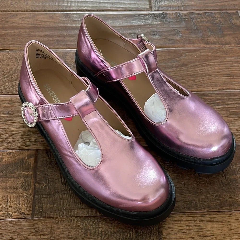 Steve Madden Girls Suzey Mary Jane Lug Sole in Pink Metallic Size 3